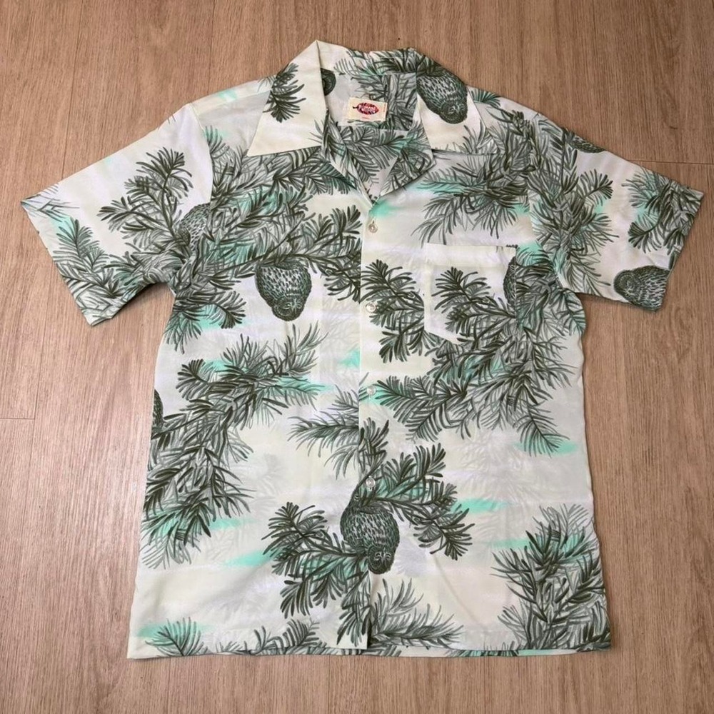 Vintage 80s Pomare Hawaii Owl Pine Branch Print Camp Shirt Short Sleeve Mens M